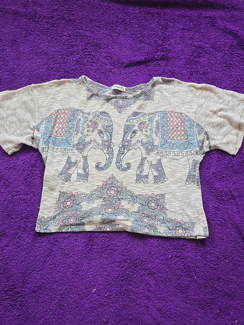 Ginger G Beige Short Sleeve Top with Blue and Pink Elephant Print